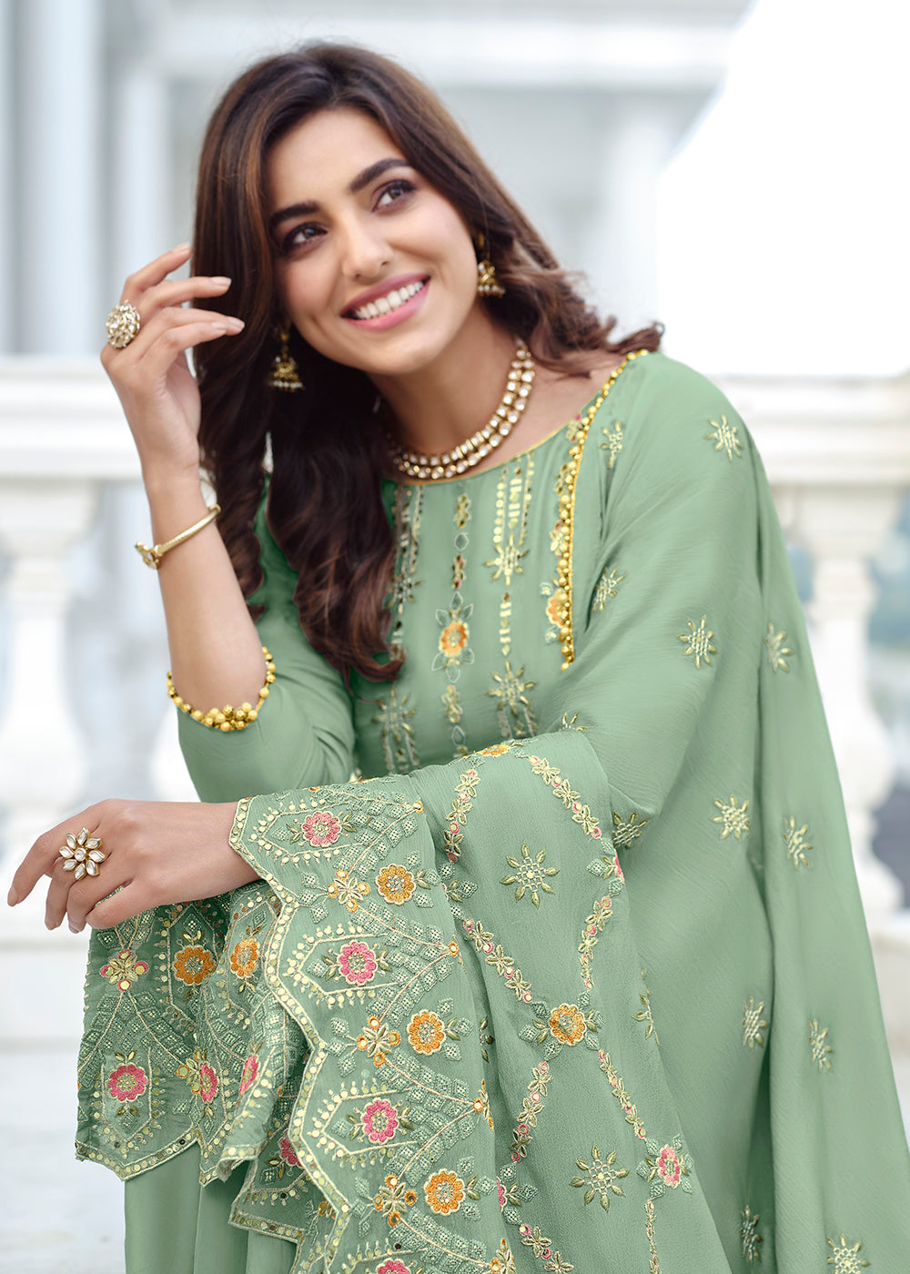 Buy Now Exclusive Embroidered Green Chinon Palazzo Salwar Suit Online in USA, UK, Canada & Worldwide at Empress Clothing.