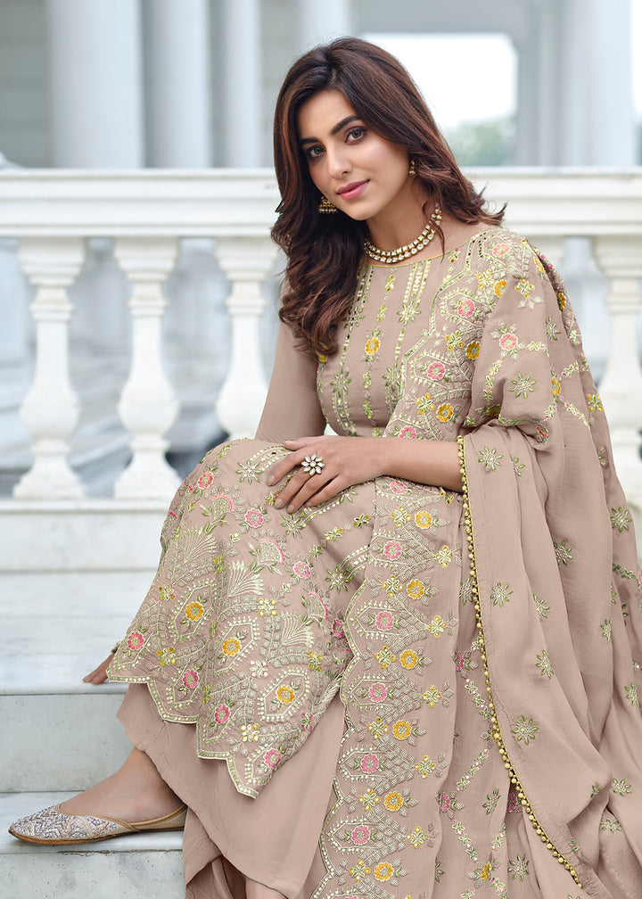Buy Now Exclusive Embroidered Grey Chinon Palazzo Salwar Suit Online in USA, UK, Canada & Worldwide at Empress Clothing. 
