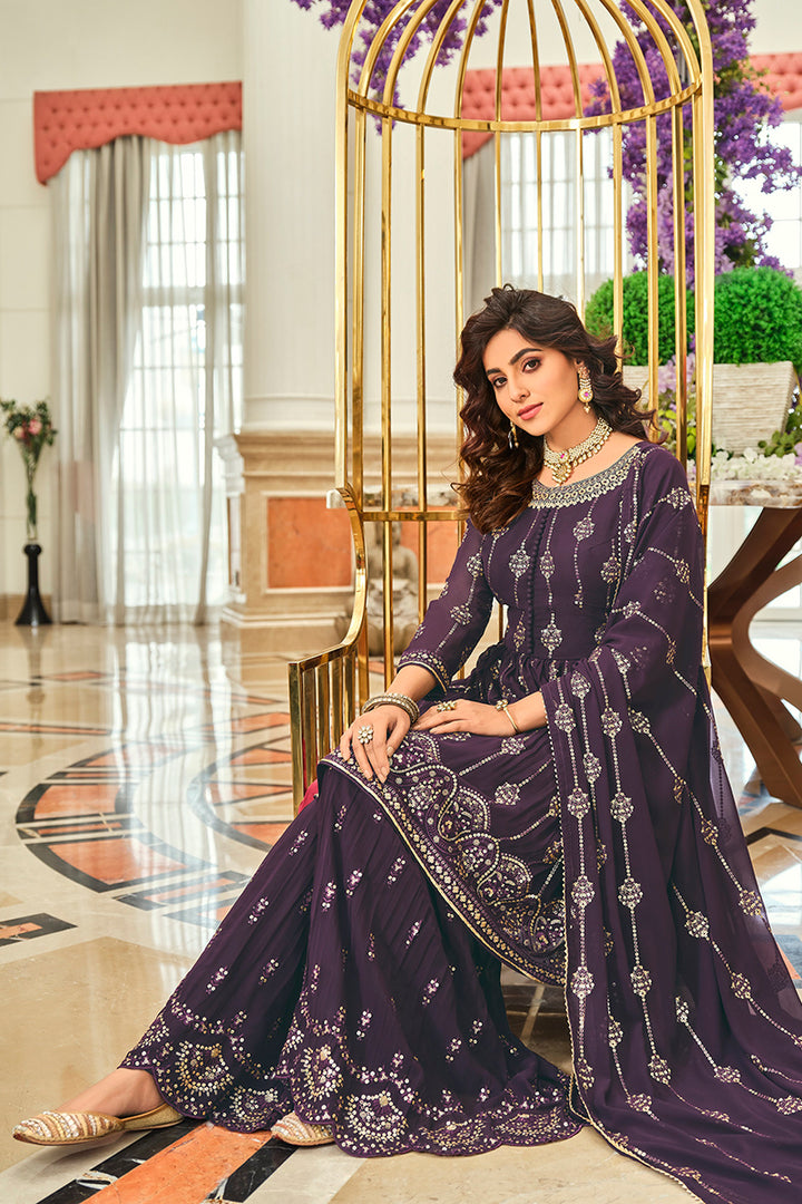 Buy Pretty Purple Gharara Style Suit - Embroidered Peplum Suit