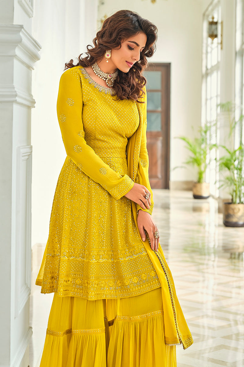 Buy Attractive Yellow Gharara Style Suit - Embroidered Peplum Suit