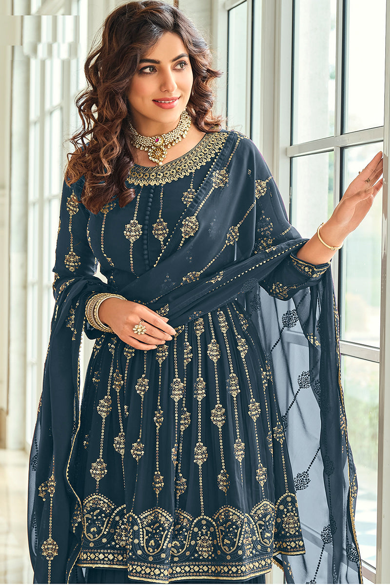 Buy Prussian Blue Gharara Style Suit - Embroidered Peplum Suit