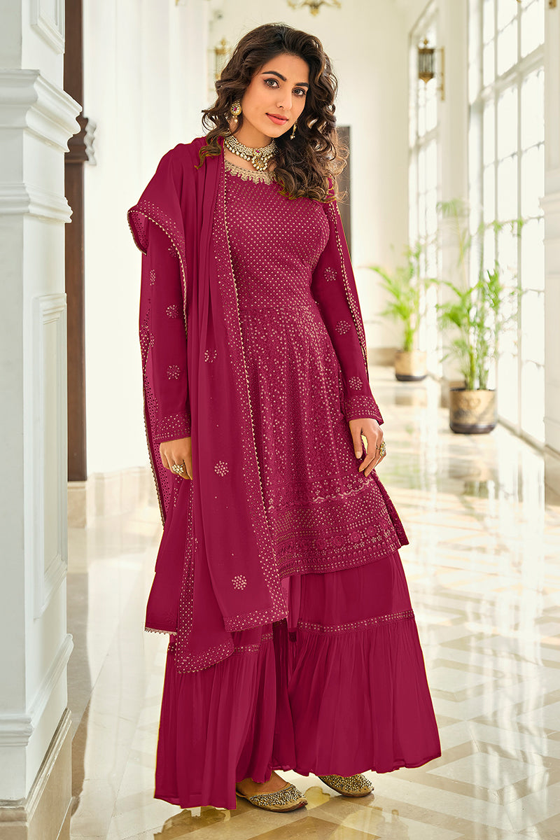 Buy Classic Pink Gharara Style Suit - Embroidered Peplum Suit