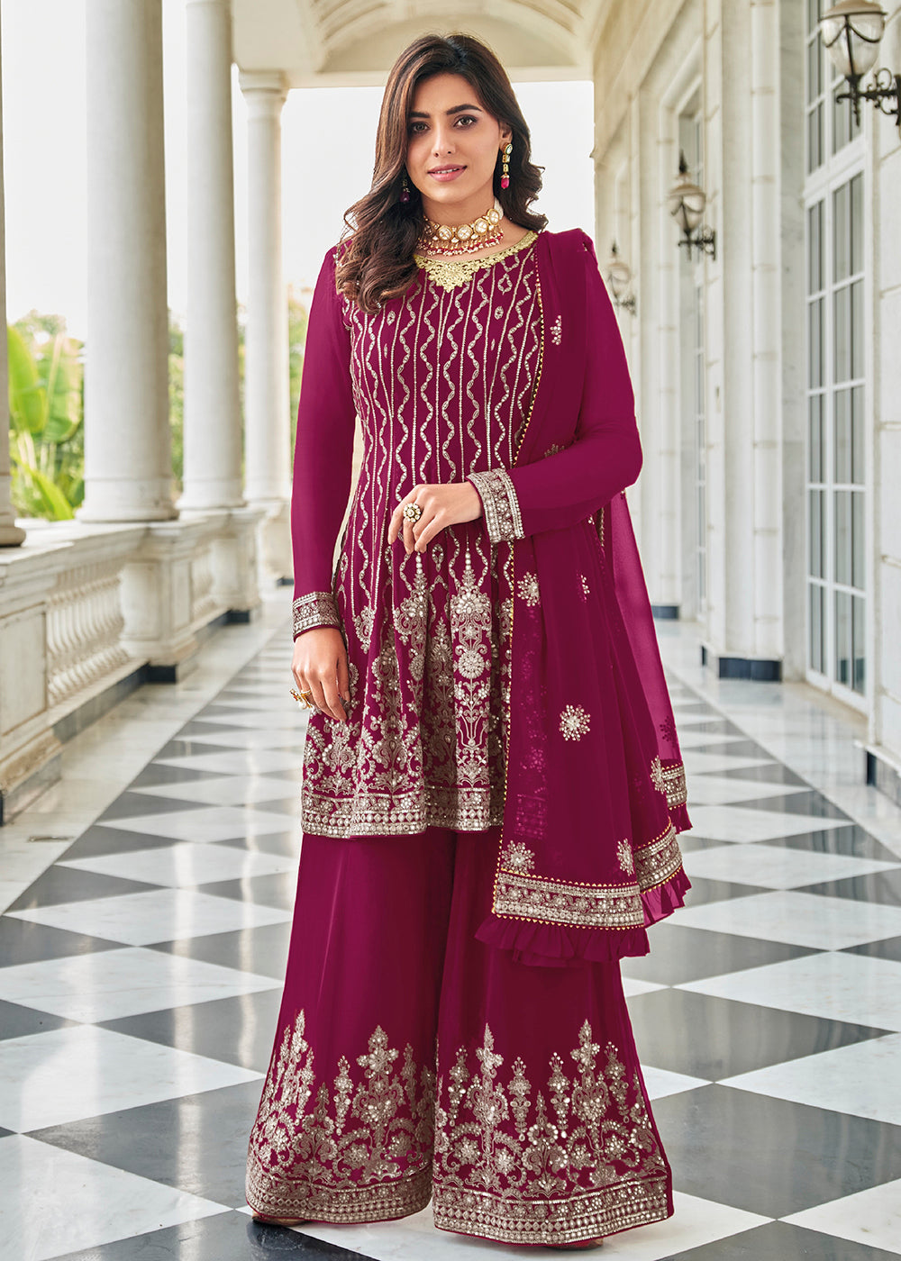Buy Now Elegant Rani Pink Resham & Zari Work Palazzo Salwar Suit Online in USA, UK, Canada & Worldwide at Empress Clothing.