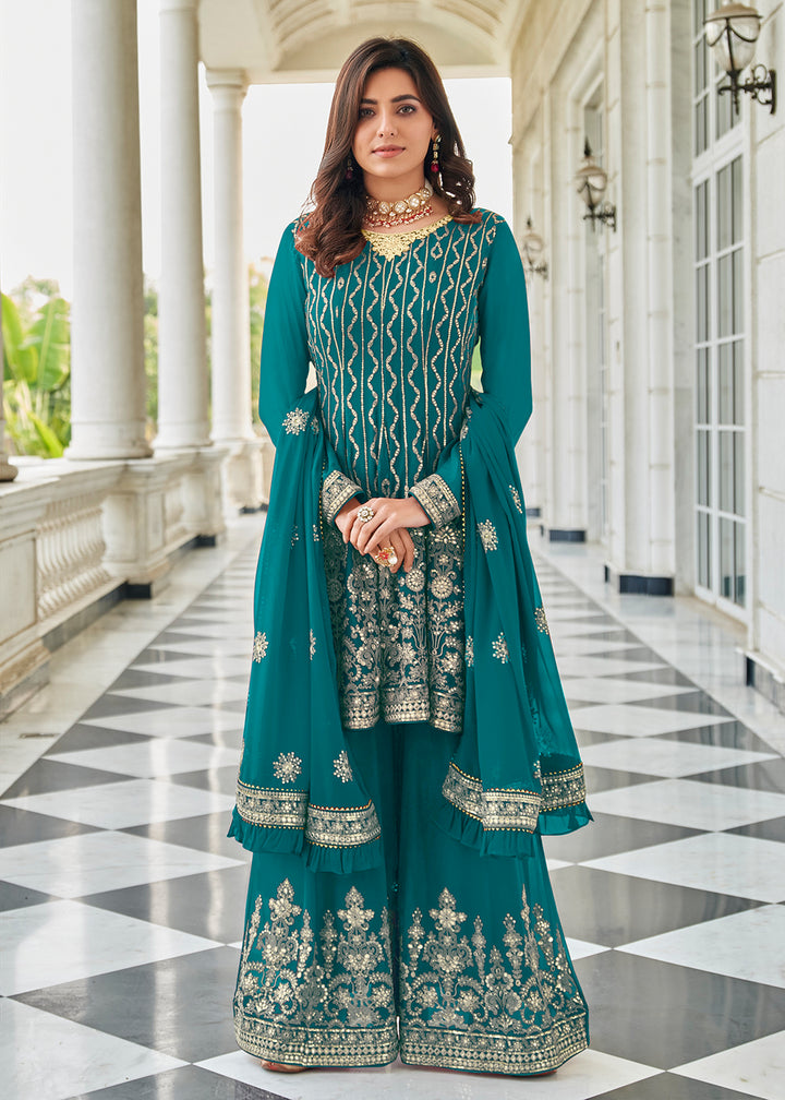 Buy Now Elegant Turquoise Resham & Zari Work Palazzo Salwar Suit Online in USA, UK, Canada & Worldwide at Empress Clothing. 