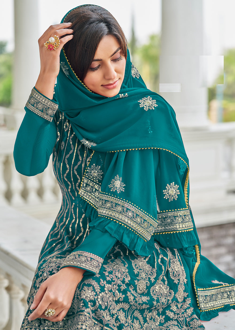 Buy Now Elegant Turquoise Resham & Zari Work Palazzo Salwar Suit Online in USA, UK, Canada & Worldwide at Empress Clothing. 