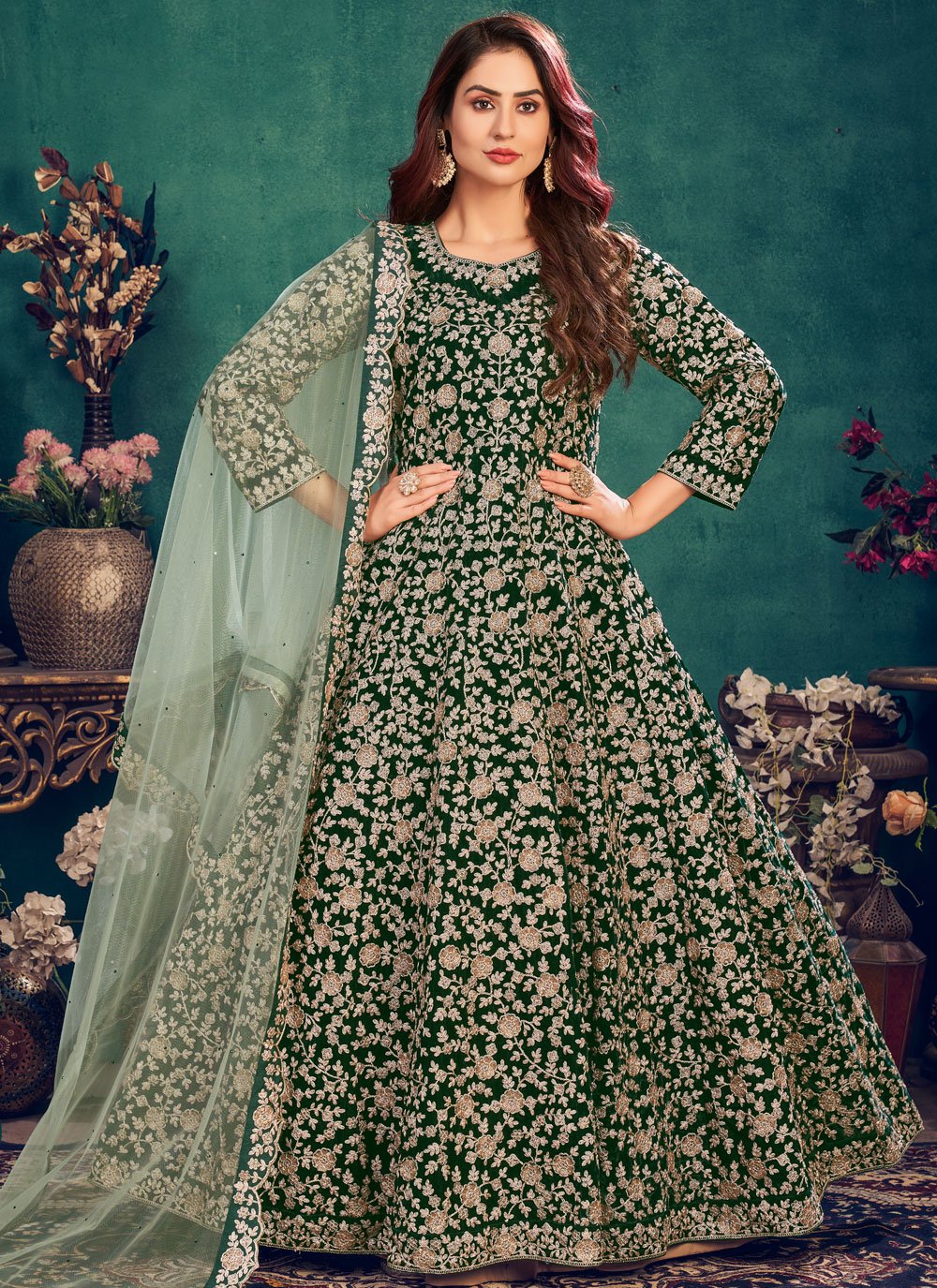 Buy Wedding Wear Bottle Green - Velvet Designer Anarkali Suit