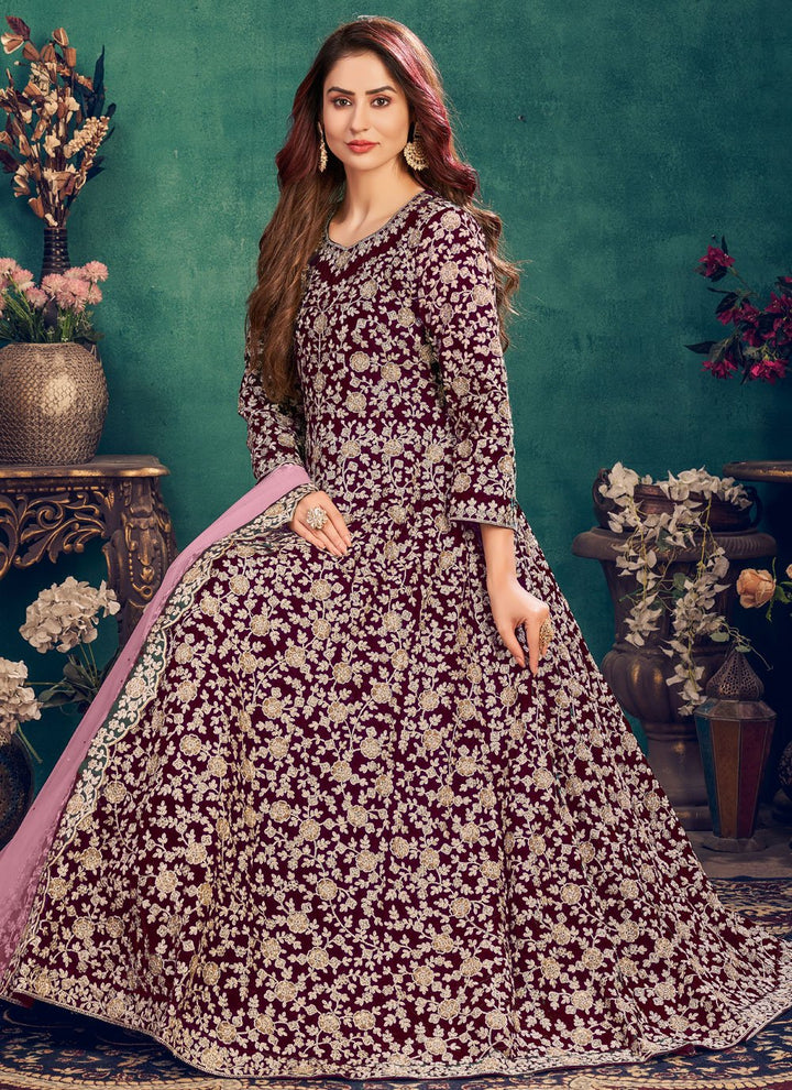 Buy Wedding Wear Plum Purple - Velvet Designer Anarkali Suit
