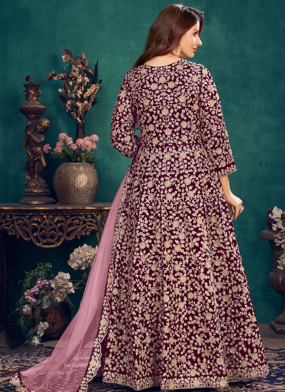 Buy Wedding Wear Plum Purple - Velvet Designer Anarkali Suit