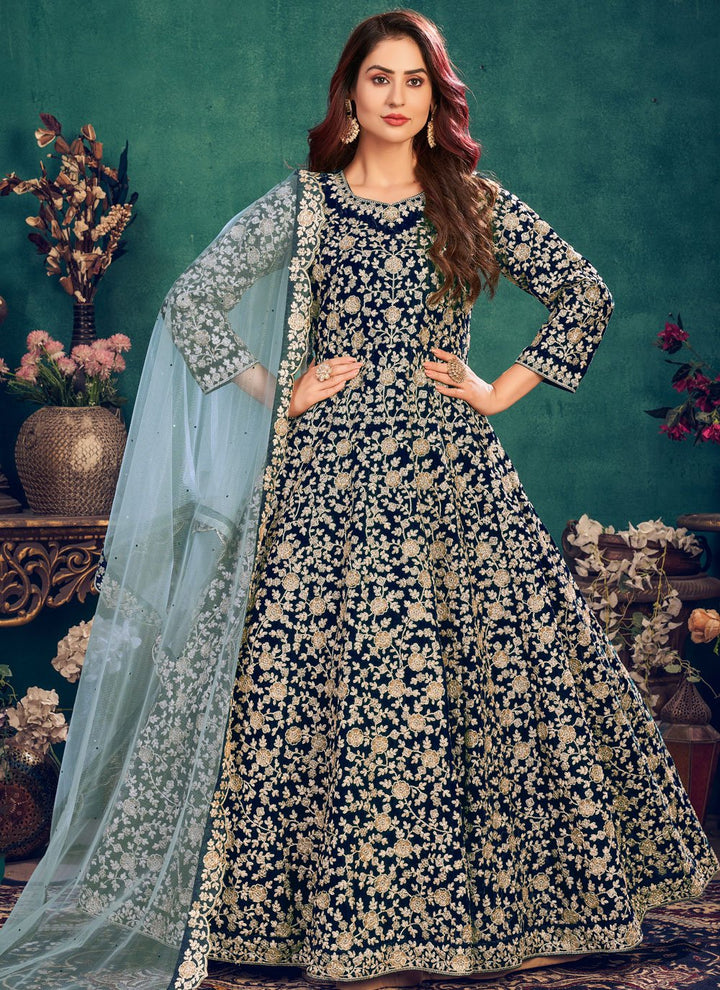 Buy Wedding Wear Royal Blue - Velvet Designer Anarkali Suit