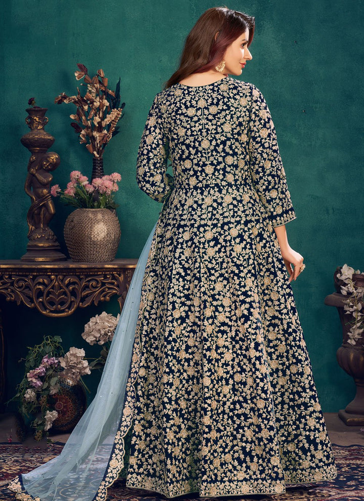 Buy Wedding Wear Royal Blue - Velvet Designer Anarkali Suit