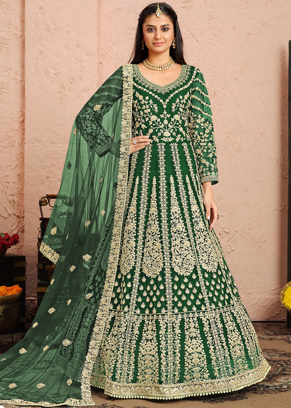 Buy Dori Embroidered Green Anarkali - Abaya Style Anarkali Suit