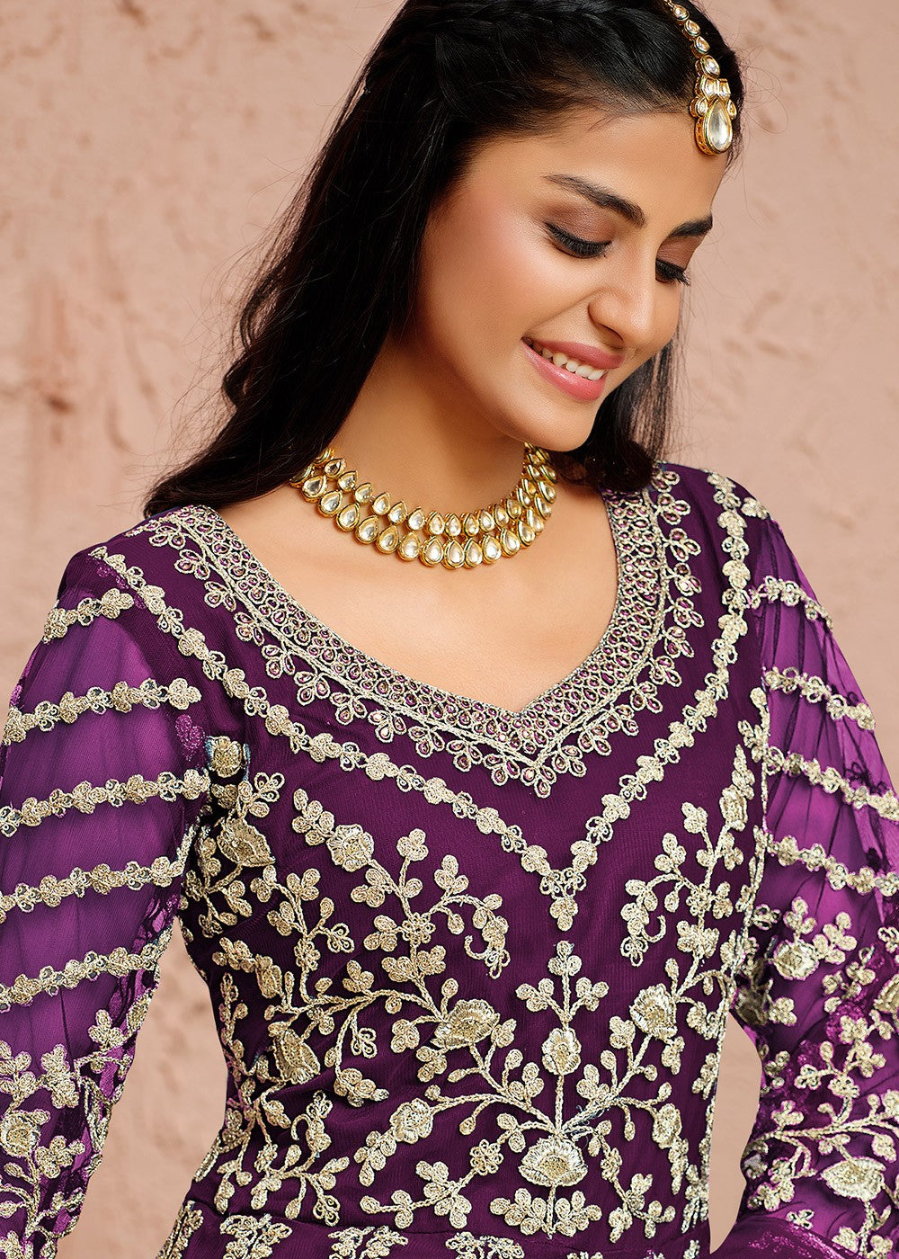 Buy Dori Embroidered Purple Anarkali - Abaya Style Anarkali Suit