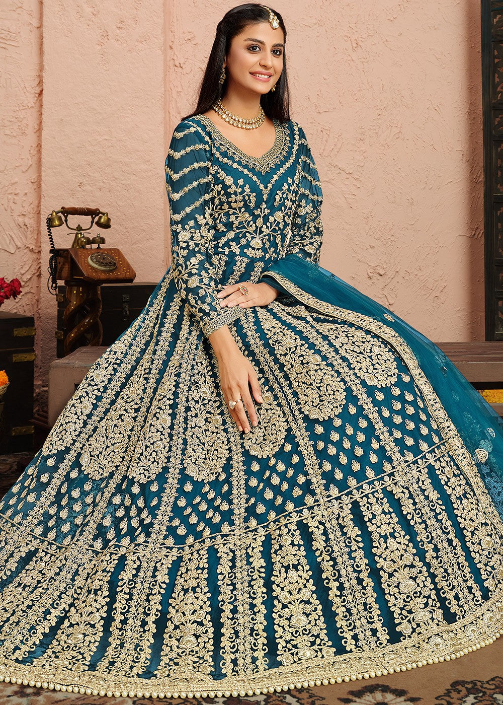 Buy Dori Embroidered Blue Anarkali - Abaya Style Anarkali Suit