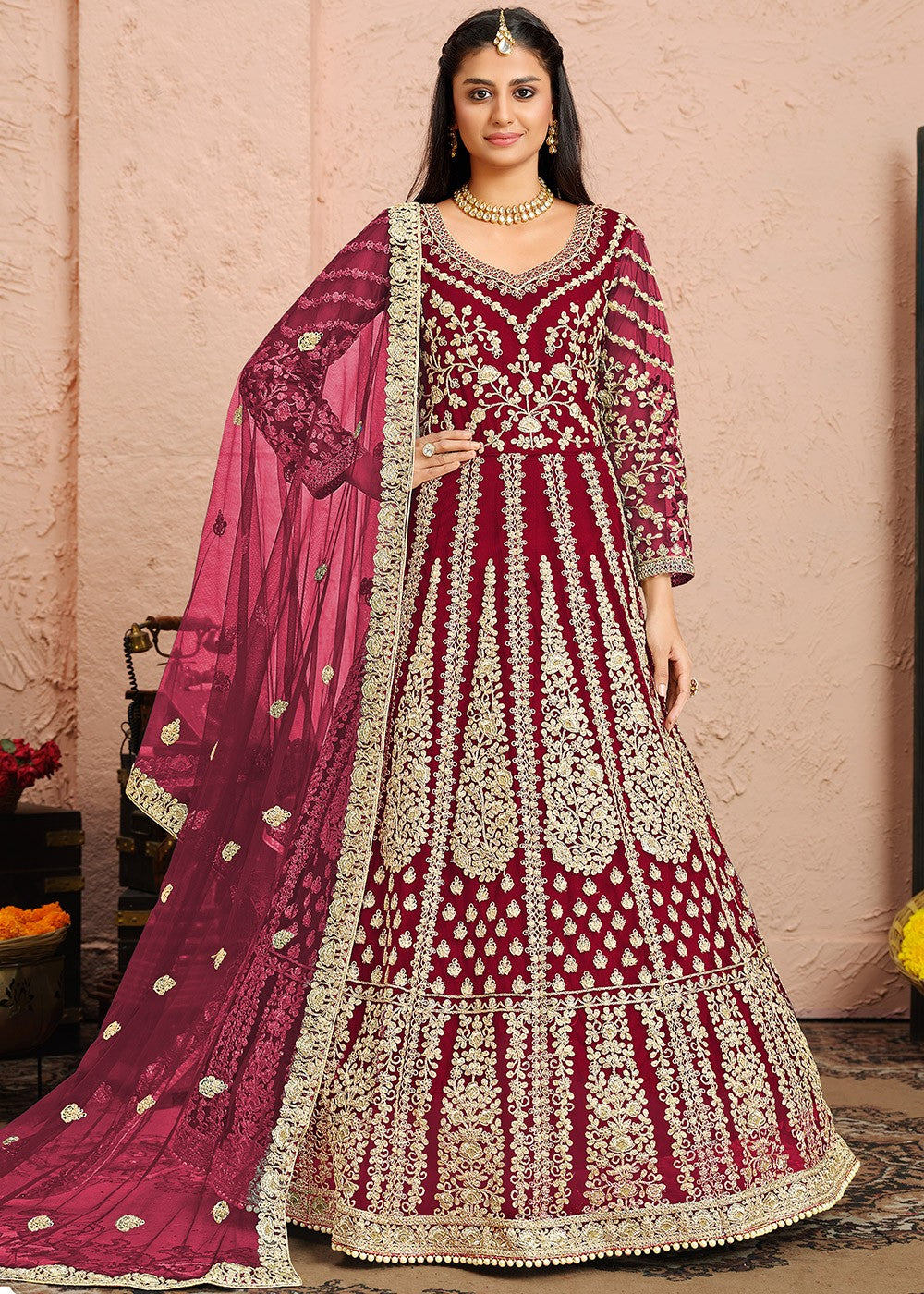 Buy Dori Embroidered Magenta Anarkali - Abaya Style Anarkali Suit