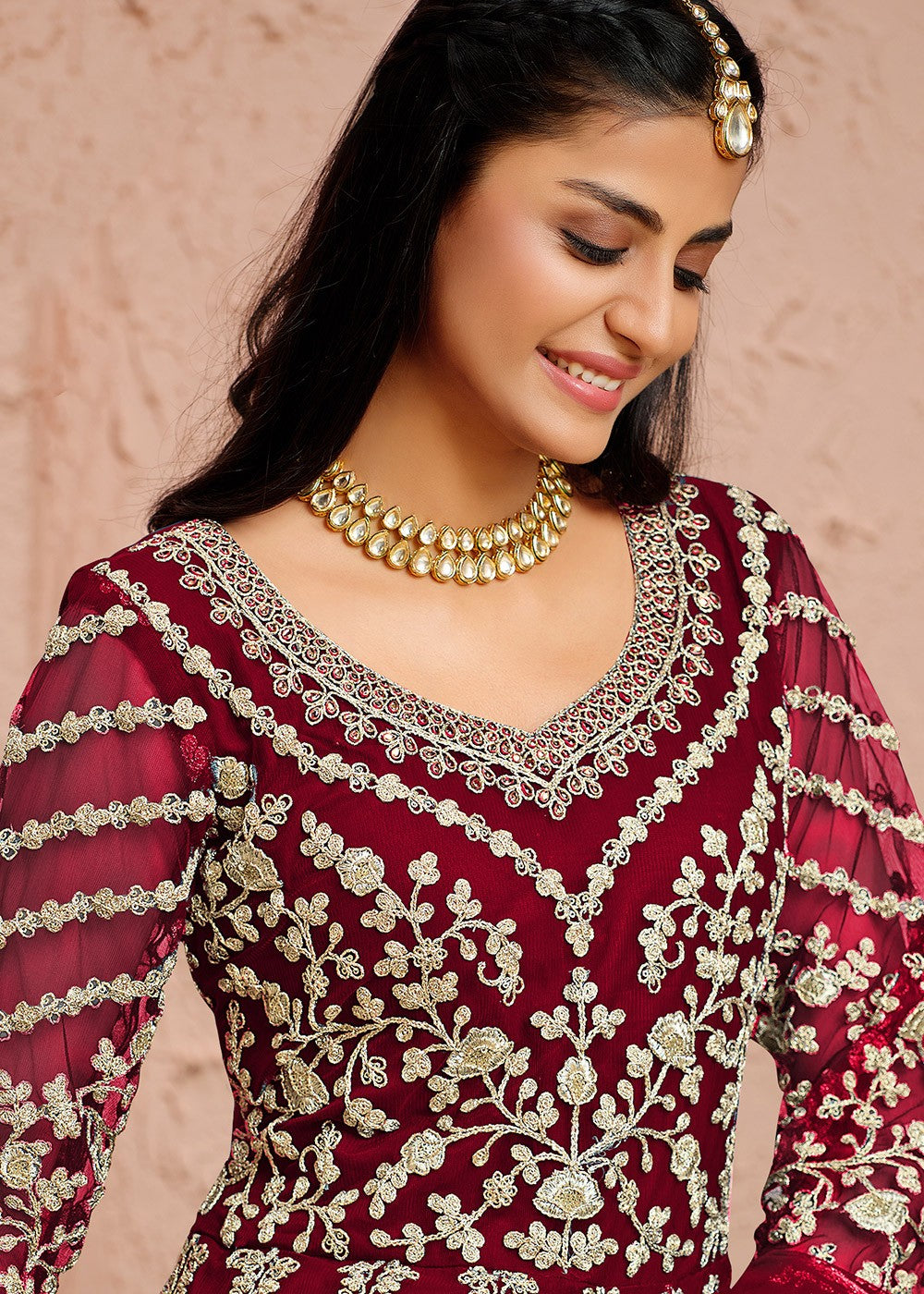 Buy Dori Embroidered Magenta Anarkali - Abaya Style Anarkali Suit