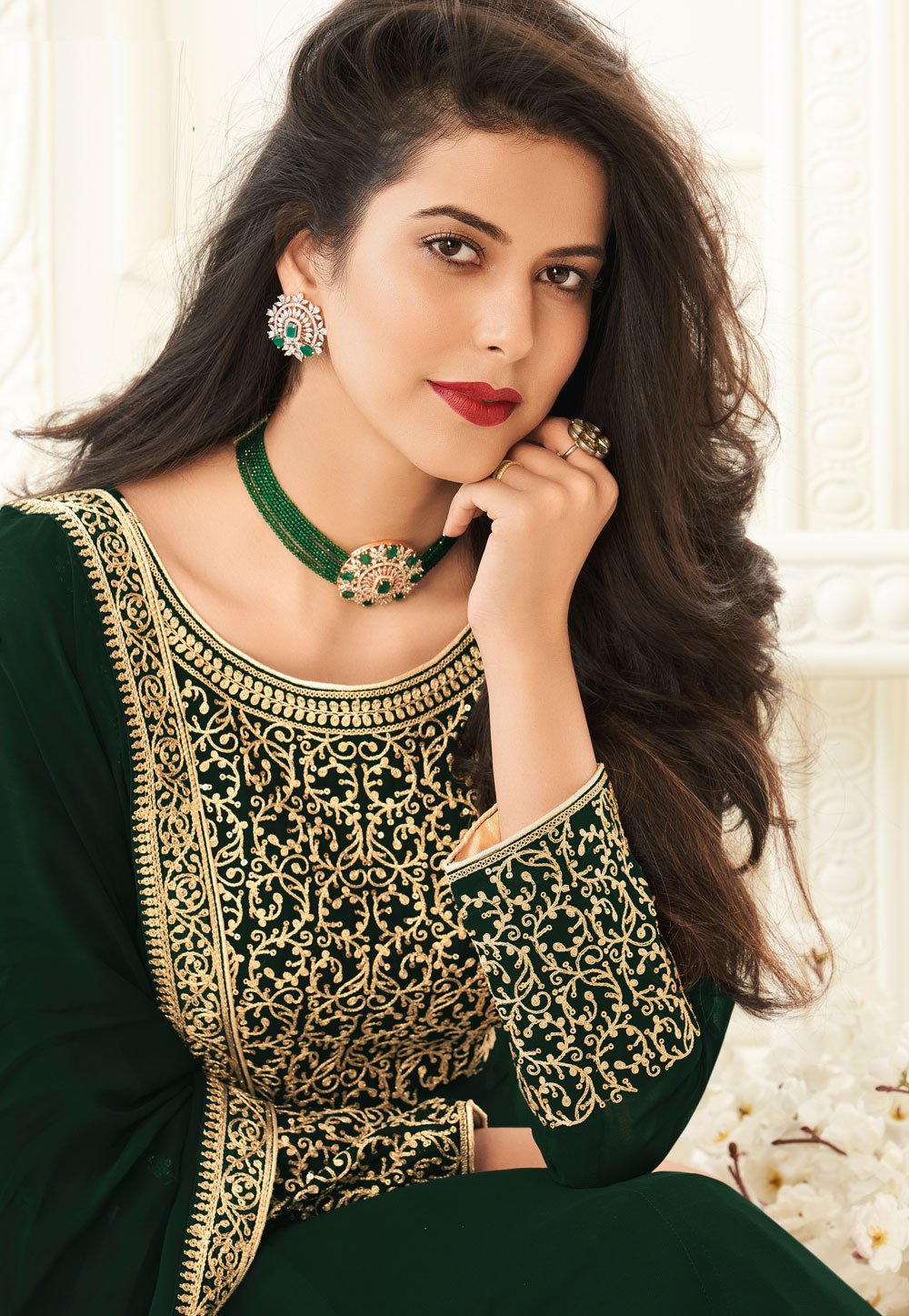 Green Faux Georgette Embroidered Anarkali Suit