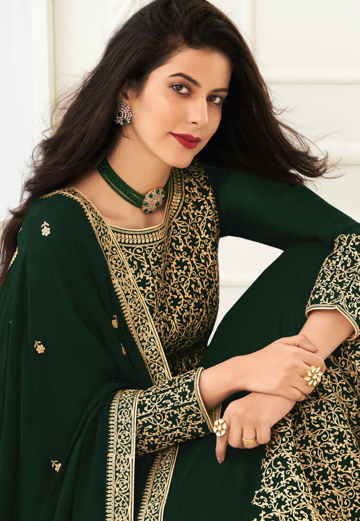 Green Faux Georgette Embroidered Anarkali Suit