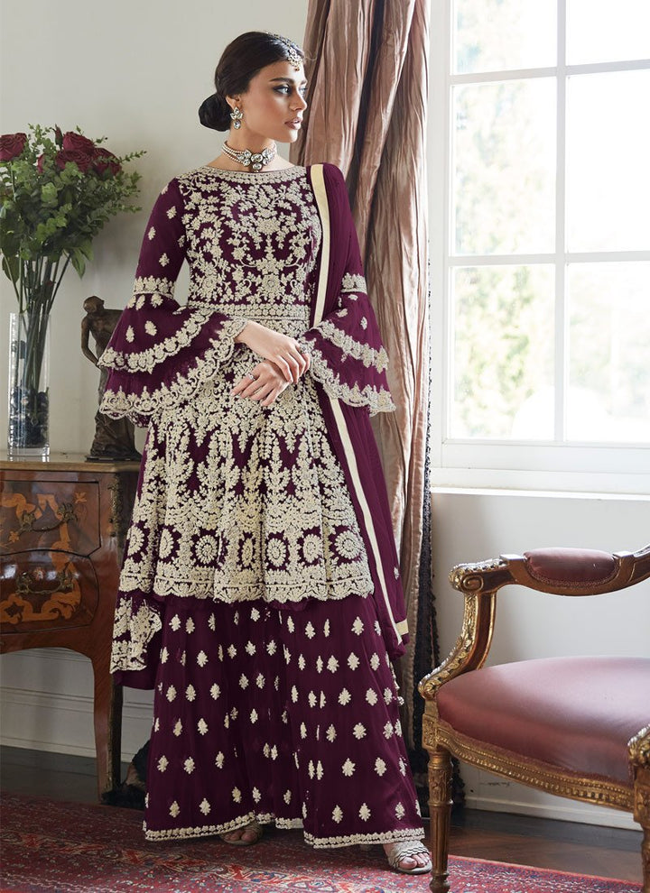 Buy Trendy Bell Sleeved Sharara - Embroidered Sharara in Wine Berry