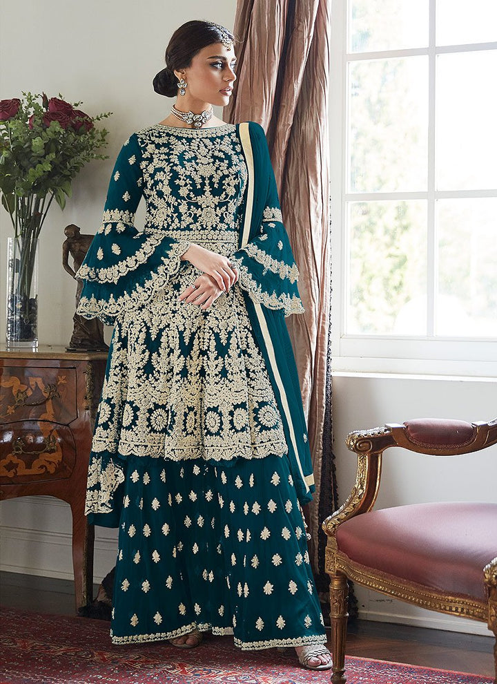 Buy Trendy Bell Sleeved Sharara - Embroidered Sharara in Nile Blue