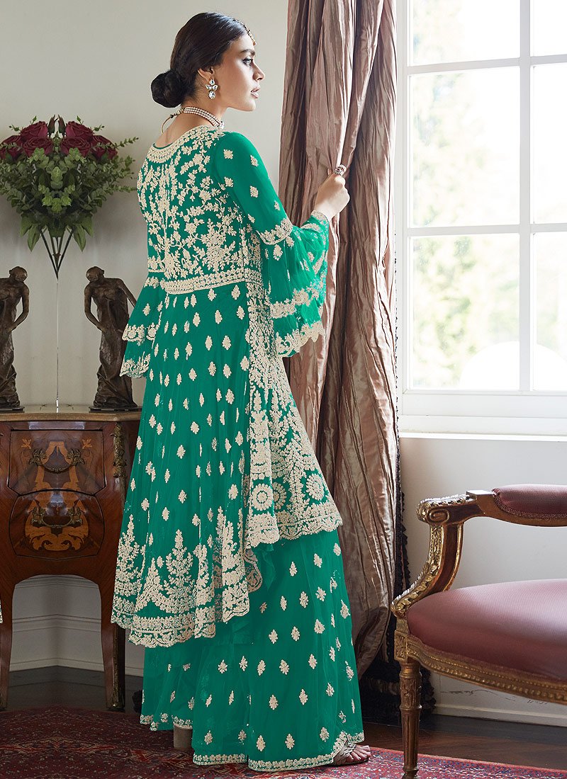 Buy Trendy Bell Sleeved Embroidered Sharara in Woodland Green