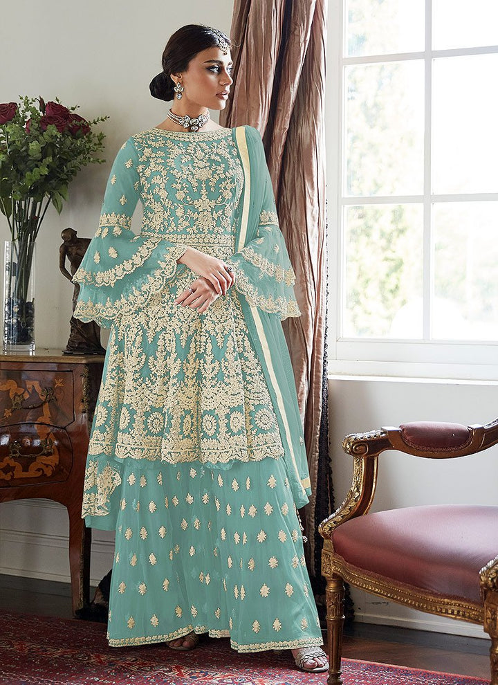 Buy Trendy Bell Sleeved Sharara - Embroidered Sharara in Light Blue