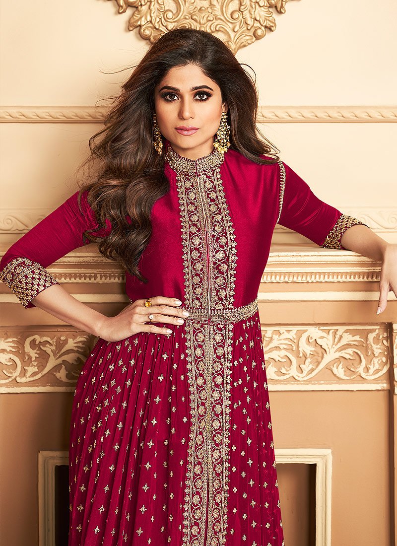 Shamita Shetty Pinkish Red Front Slit Georgette Anarkali Suit