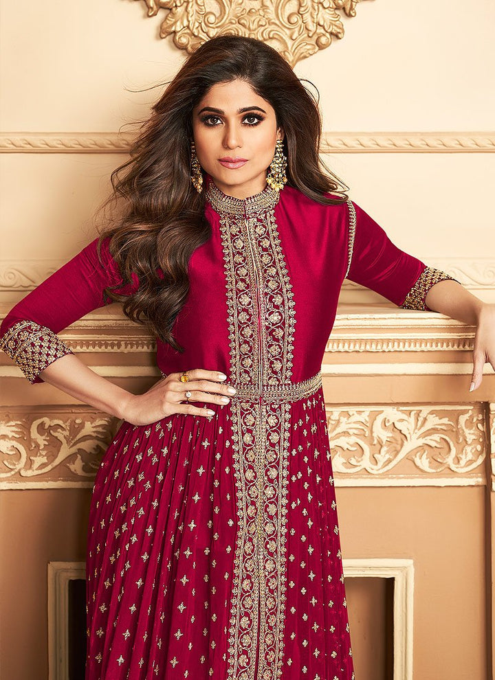 Shamita Shetty Pinkish Red Front Slit Georgette Anarkali Suit