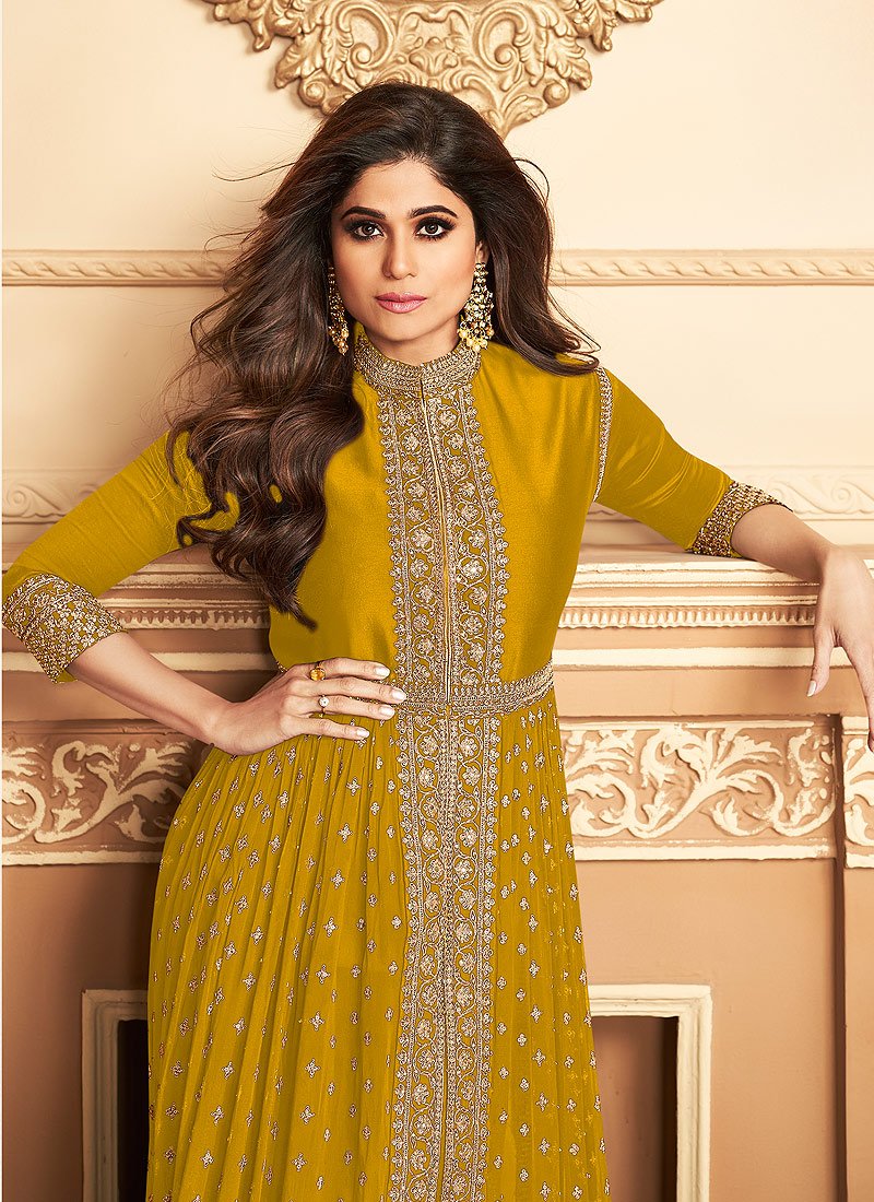 Shamita Shetty Yellow Front Slit Georgette Anarkali Suit