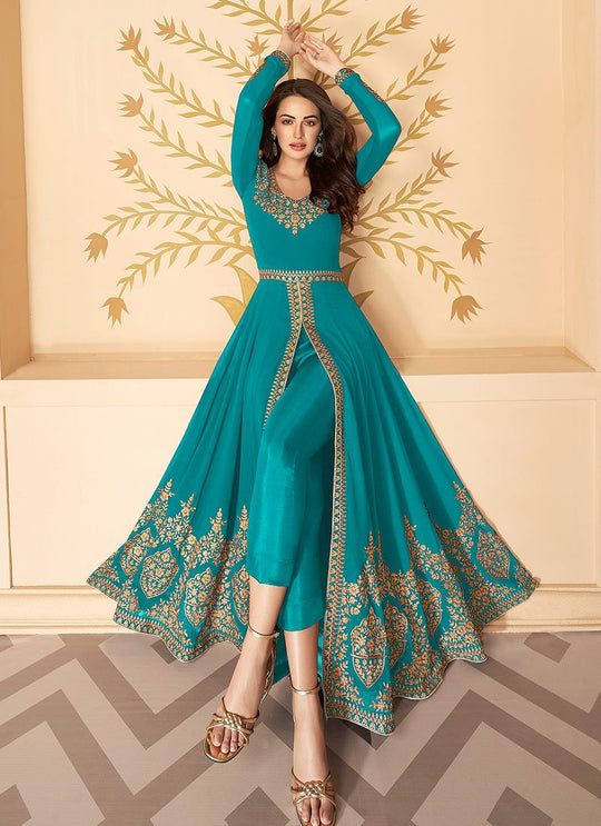Elegant Teal Front Slit Party Wear Anarkali Suit main image 1