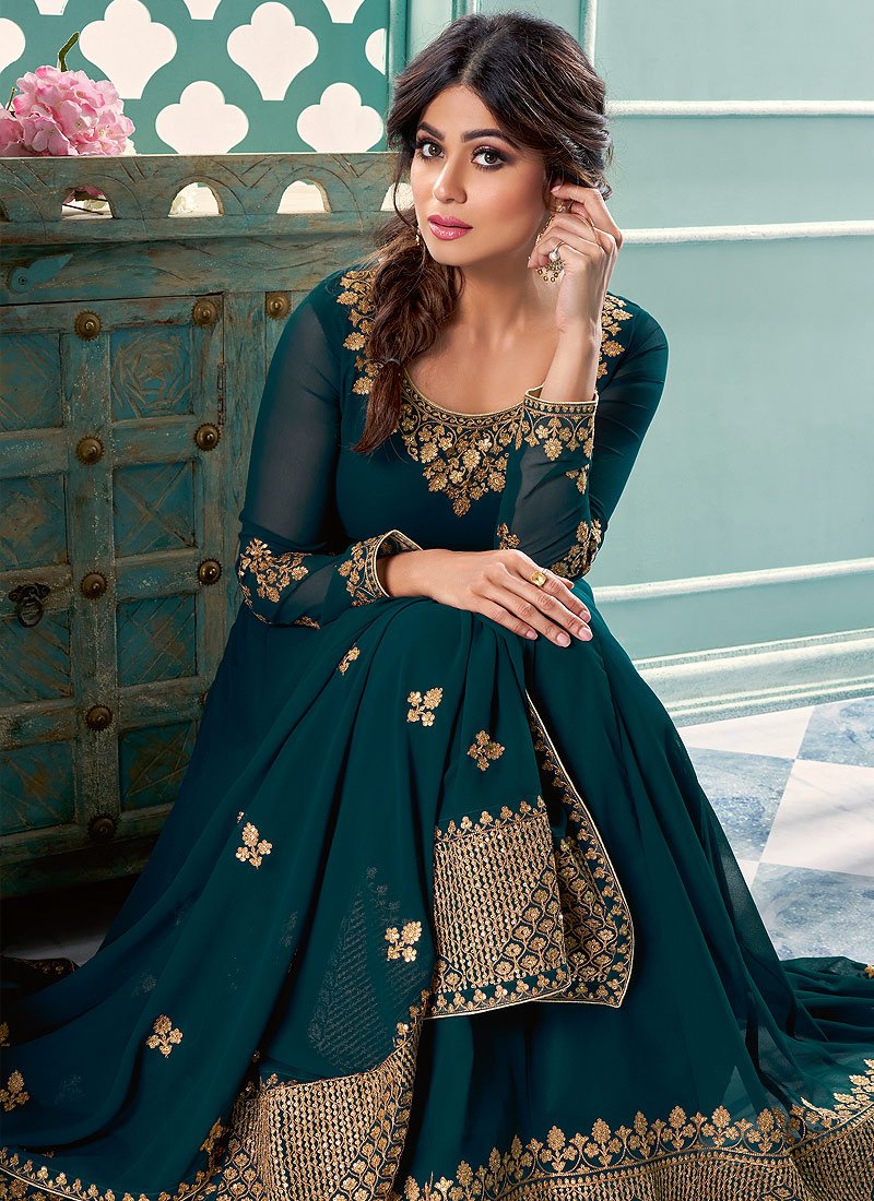 Staggering Green Shamita Shetty Georgette Abaya Style Anarkali Suit