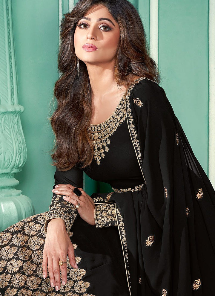Black Embroidered Shamita Shetty Georgette Anarkali Suit