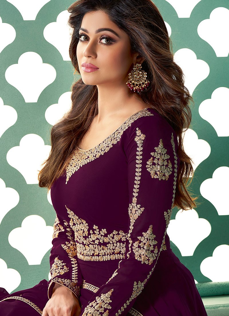 Purple Embroidered Shamita Shetty Georgette Anarkali Suit