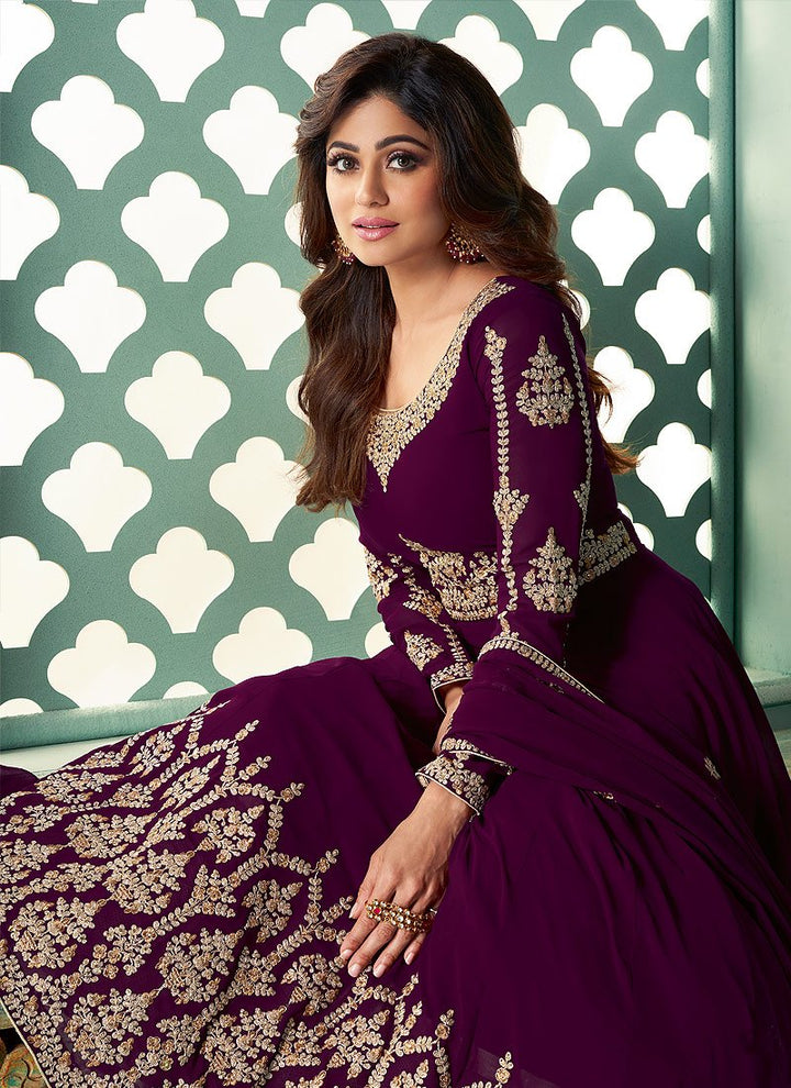 Purple Embroidered Shamita Shetty Georgette Anarkali Suit