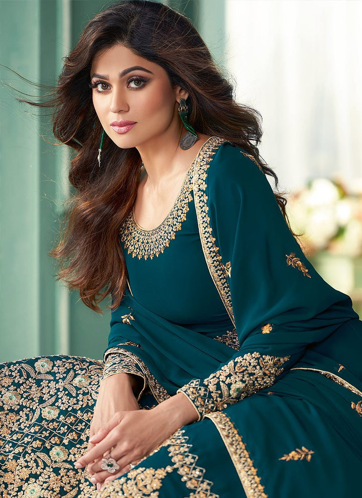 Teal Embroidered Shamita Shetty Georgette Anarkali Suit