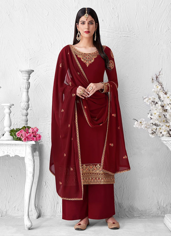 Captivating Maroon Suit - Embroidered Georgette Palazzo Suit