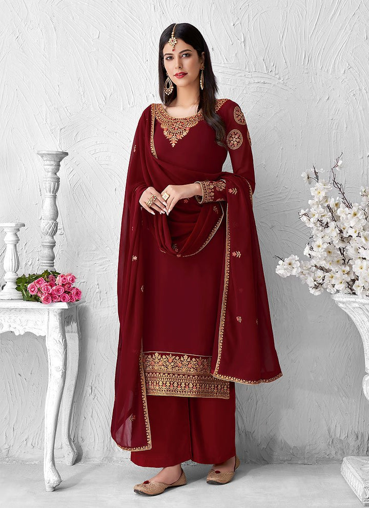 Captivating Maroon Embroidered Georgette Palazzo Suit