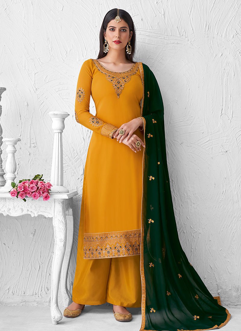 Lovely Yellow Suit - Embroidered Georgette Palazzo Suit