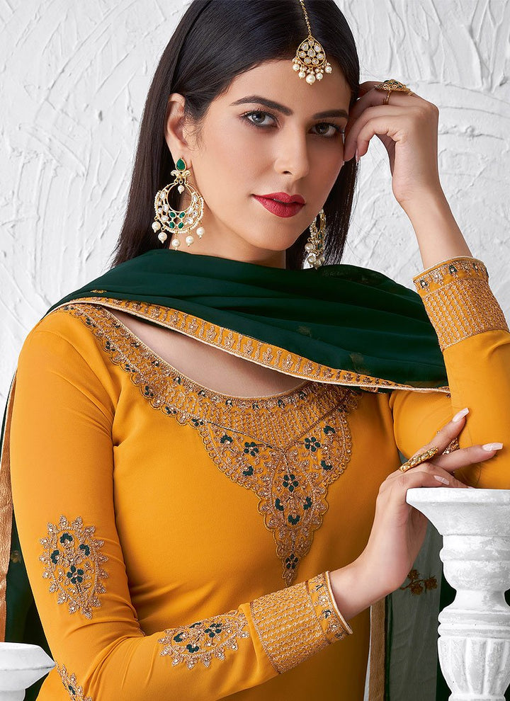 Lovely Yellow Embroidered Georgette Palazzo Suit