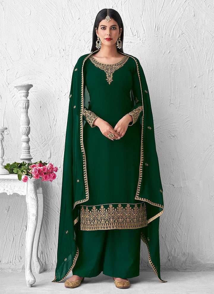 Outstanding Green Suit - Embroidered Georgette Palazzo Suit