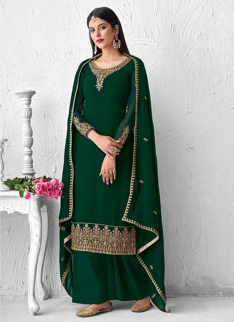 Outstanding Green Embroidered Georgette Palazzo Suit