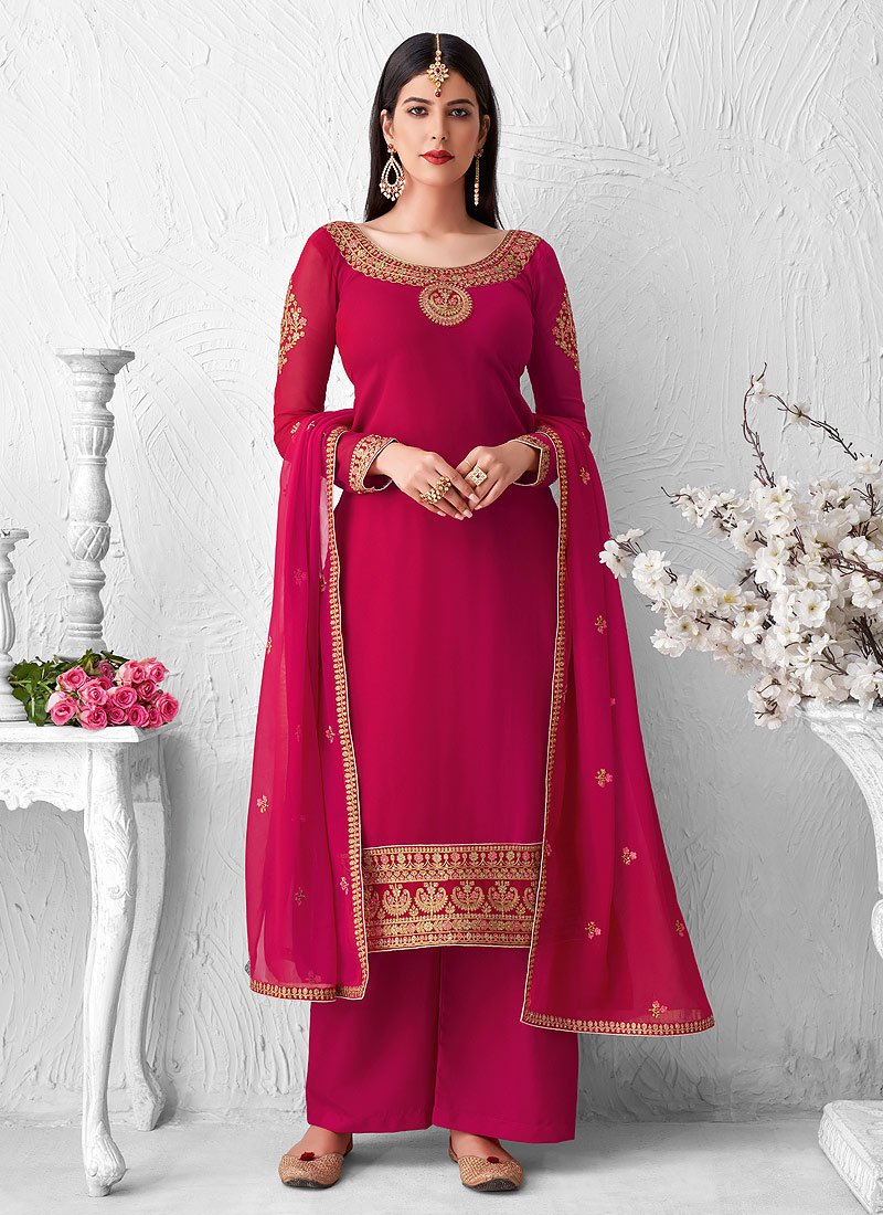 Eye-Catching Pink Suit - Embroidered Georgette Palazzo Suit