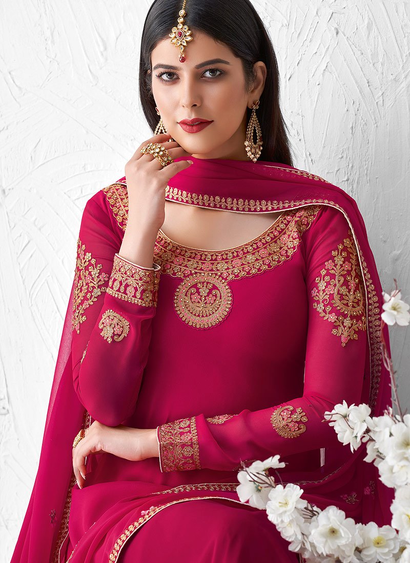 Eye-Catching Pink Embroidered Georgette Palazzo Suit