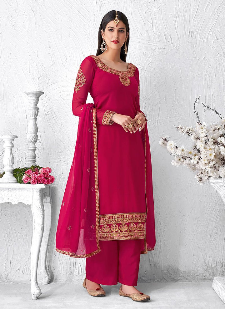 Eye-Catching Pink Embroidered Georgette Palazzo Suit