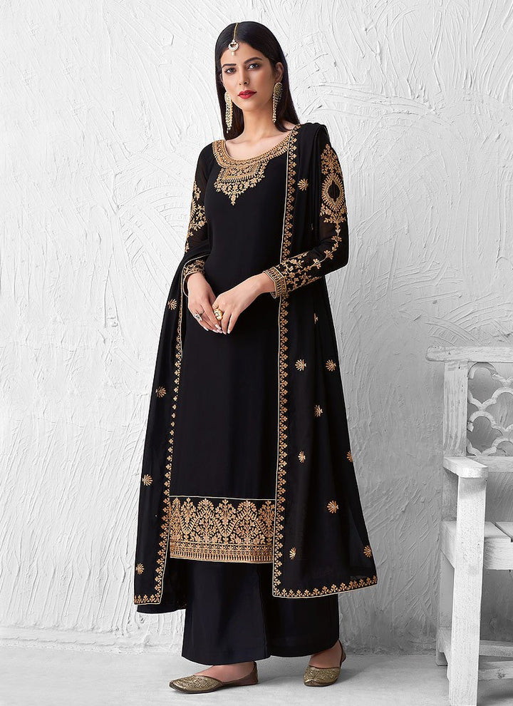 Alluring Black Suit - Embroidered Georgette Palazzo Suit