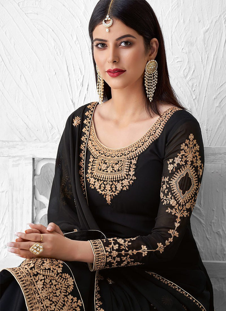 Alluring Black Embroidered Georgette Palazzo Suit