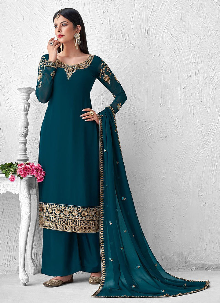 Graceful Teal Suit - Embroidered Georgette Palazzo Suit