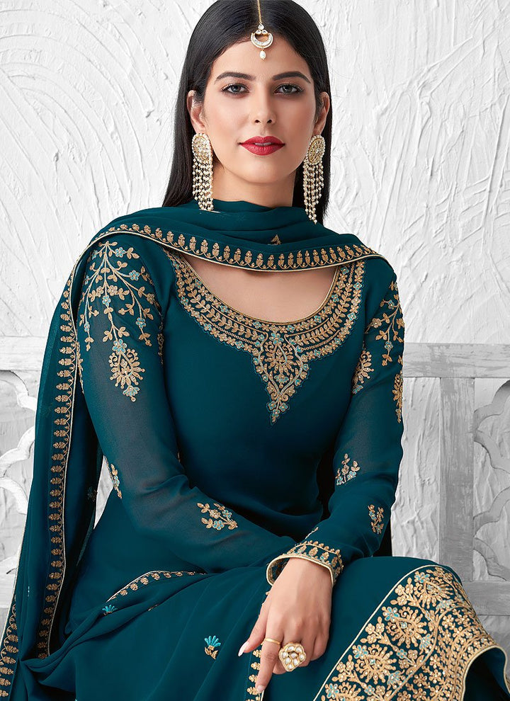Graceful Teal Embroidered Georgette Palazzo Suit