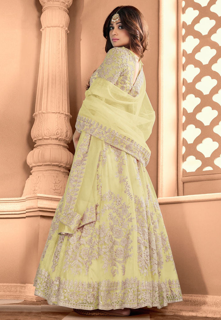 Lime Yellow Shamita Shetty Net Floor Length Anarkali Suit