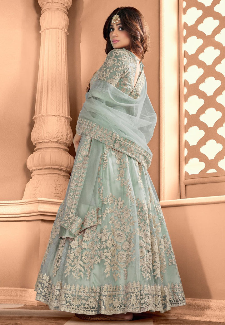 Ice Blue Shamita Shetty Net Floor Length Anarkali Suit