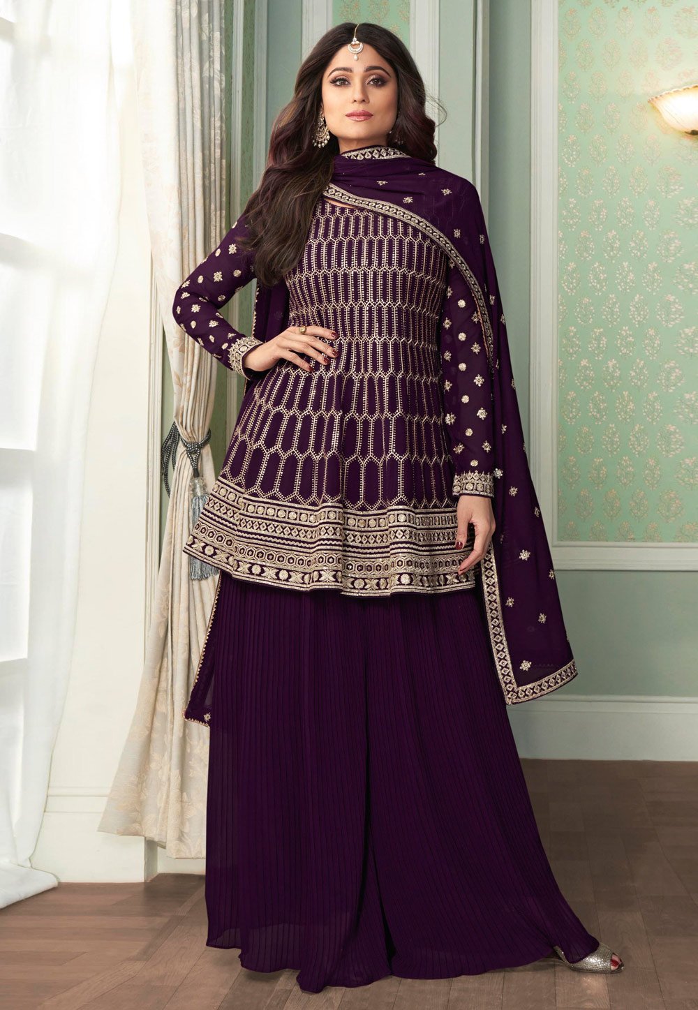 Plum Peplon Suit - Buy Embroidered Georgette Palazzo Suit